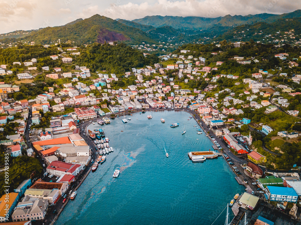 Tropical Caribbean City Port with boats and ships Grenada